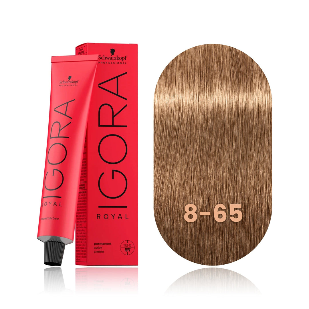 Schwarzkopf IGORA Royal 8-65 Light Blonde Chocolate Gold permanent hair color tube, box and hair swatch