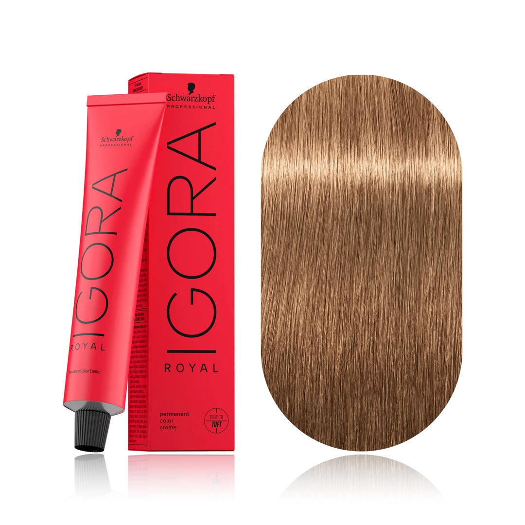 Schwarzkopf IGORA Royal 8-65 Light Blonde Chocolate Gold permanent hair color tube, box and hair swatch
