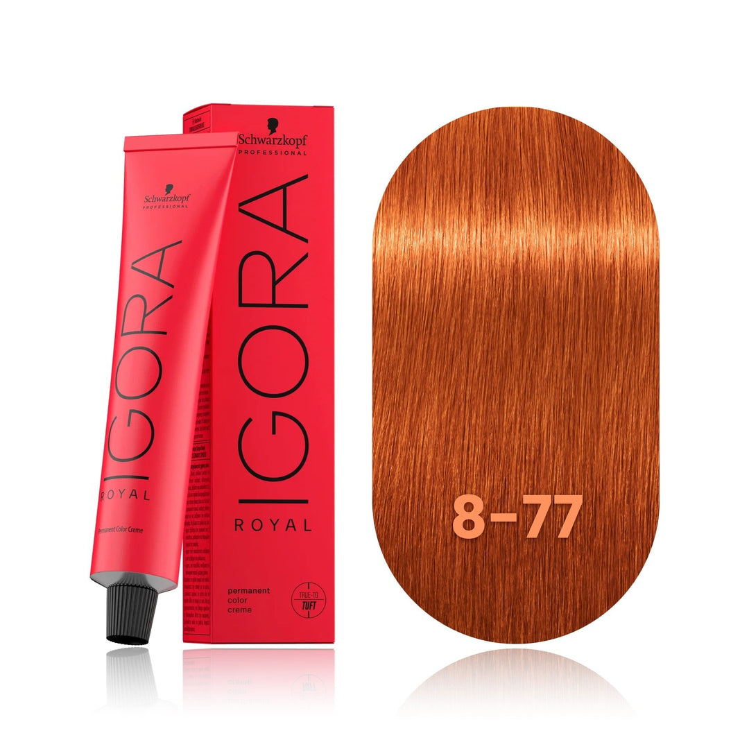 Schwarzkopf IGORA Royal 8-77 Light Blonde Copper Extra permanent hair color tube, box and hair swatch