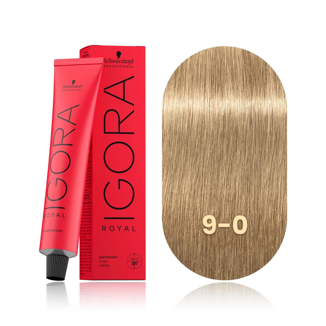 Schwarzkopf IGORA Royal 9-0 Extra Light Blonde permanent hair color tube, box and hair swatch