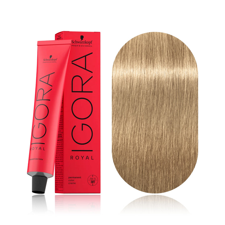 Schwarzkopf IGORA Royal 9-0 Extra Light Blonde permanent hair color tube, box and hair swatch