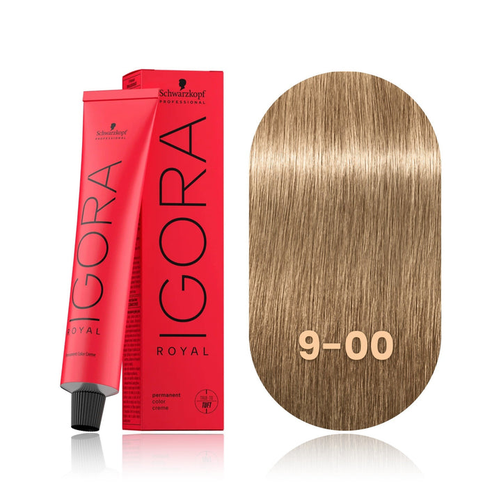 Schwarzkopf IGORA Royal 9-00 Extra Light Blonde Natural Extra permanent hair color tube, box and hair swatch