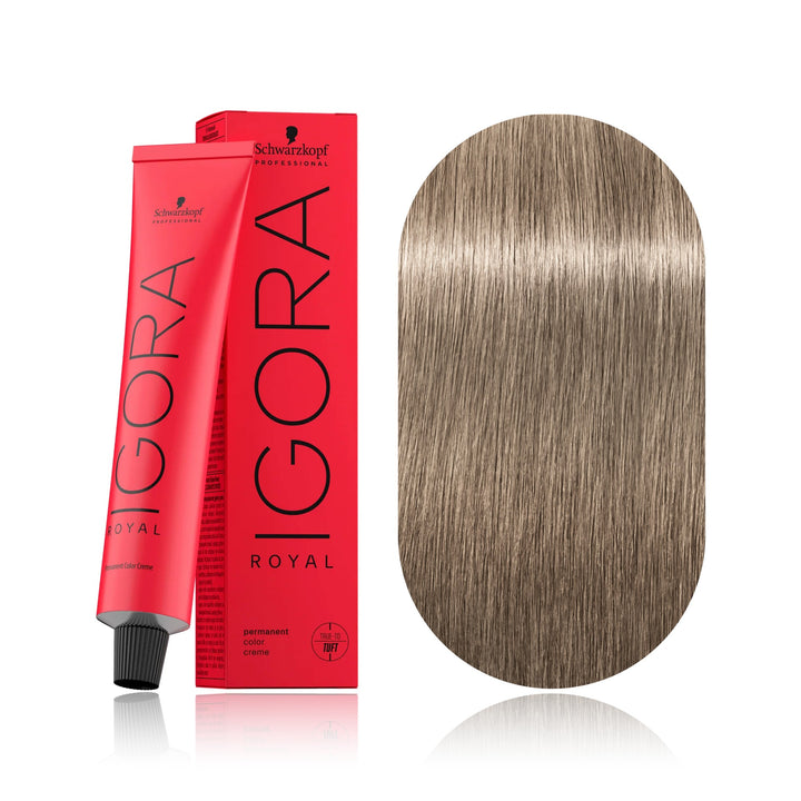 Schwarzkopf IGORA Royal 9-1 Extra Light Blonde Cendré permanent hair color tube, box and hair swatch