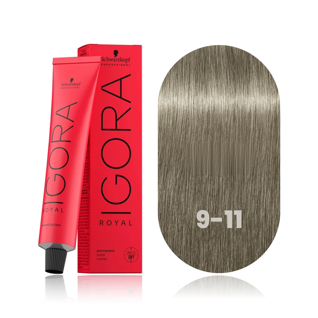 Schwarzkopf IGORA Royal 9-11 Extra Light Blonde Cendré Extra permanent hair color tube, box and hair swatch