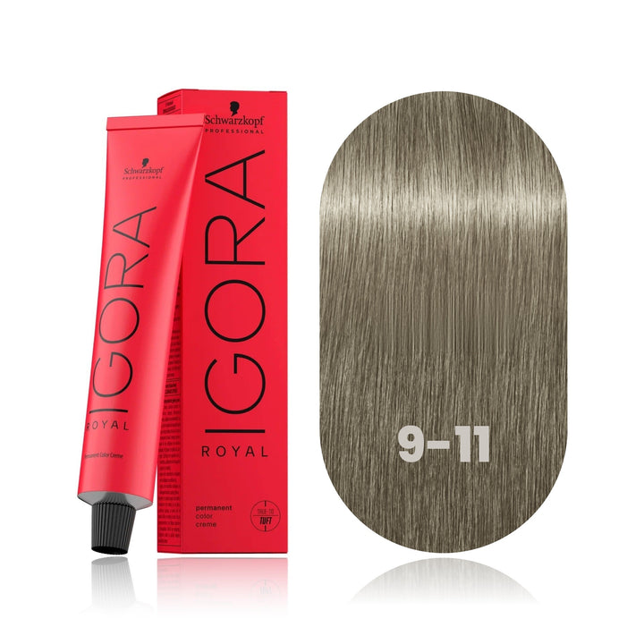 Schwarzkopf IGORA Royal 9-11 Extra Light Blonde Cendré Extra permanent hair color tube, box and hair swatch