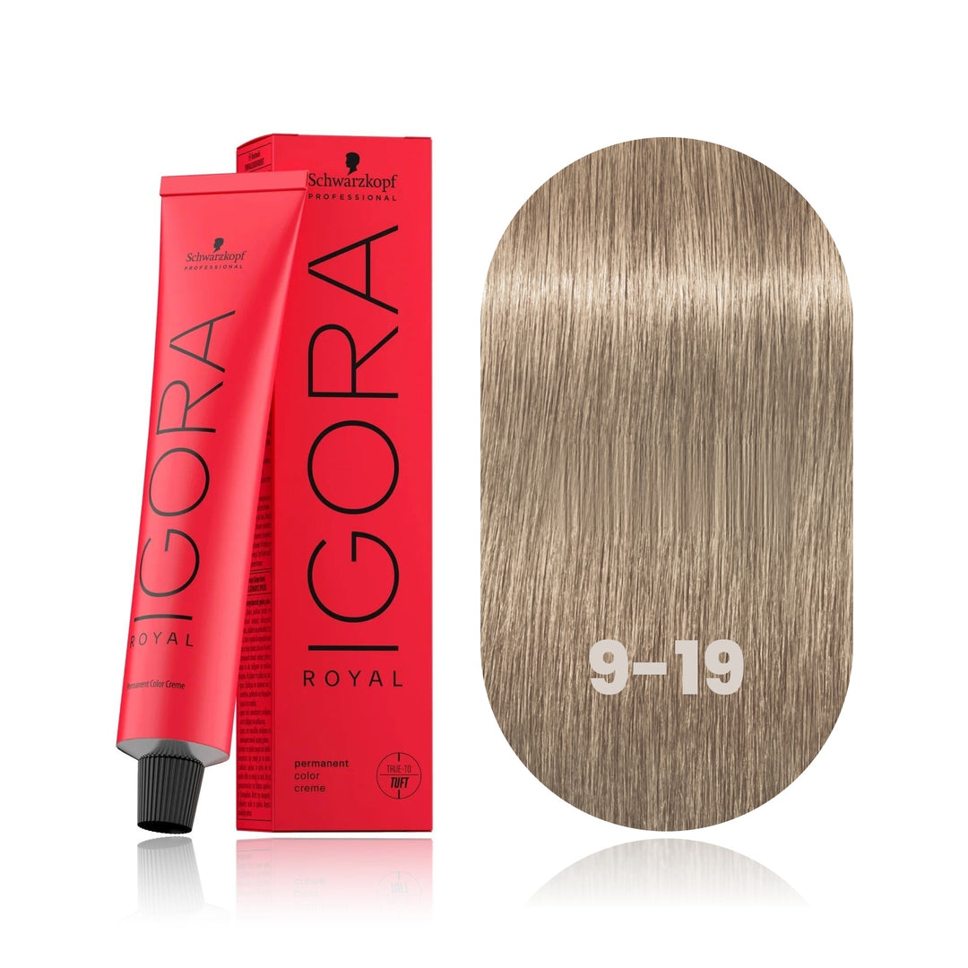 Schwarzkopf IGORA Royal 9-19 Extra Light Blonde Cendré Violet permanent hair color tube, box and hair swatch