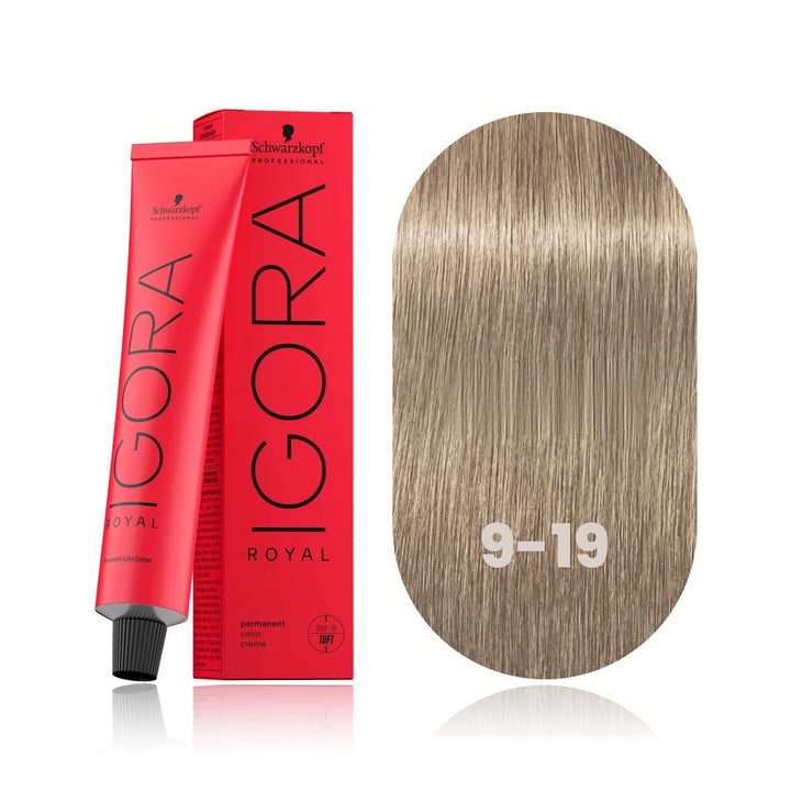 Schwarzkopf IGORA Royal 9-19 Extra Light Blonde Cendré Violet permanent hair color tube, box and hair swatch