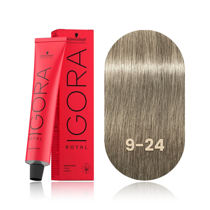 Schwarzkopf IGORA Royal 9-24 Extra Light Blonde Ash Beige permanent hair color tube, box and hair swatch