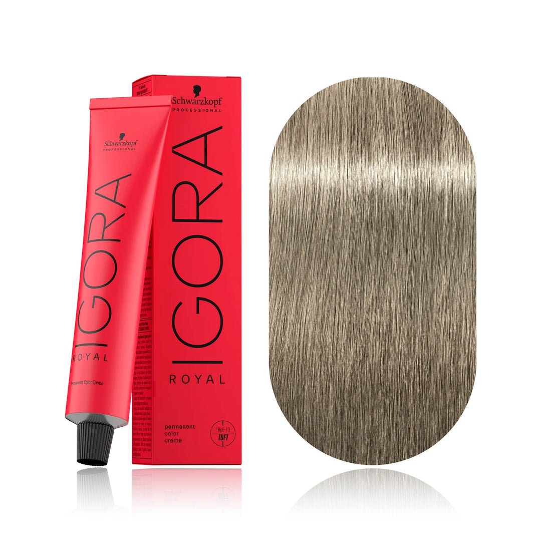 Schwarzkopf IGORA Royal 9-24 Extra Light Blonde Ash Beige permanent hair color tube, box and hair swatch