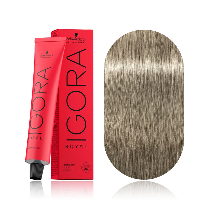 Schwarzkopf IGORA Royal 9-24 Extra Light Blonde Ash Beige permanent hair color tube, box and hair swatch