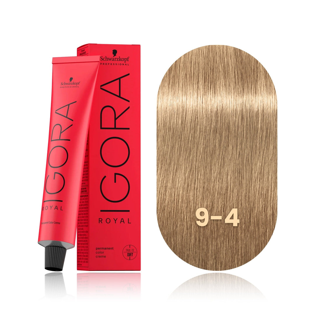 Schwarzkopf IGORA Royal 9-4 Extra Light Blonde Beige permanent hair color tube, box and hair swatch