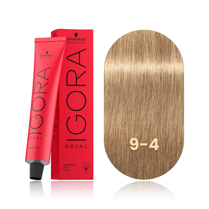 Schwarzkopf IGORA Royal 9-4 Extra Light Blonde Beige permanent hair color tube, box and hair swatch