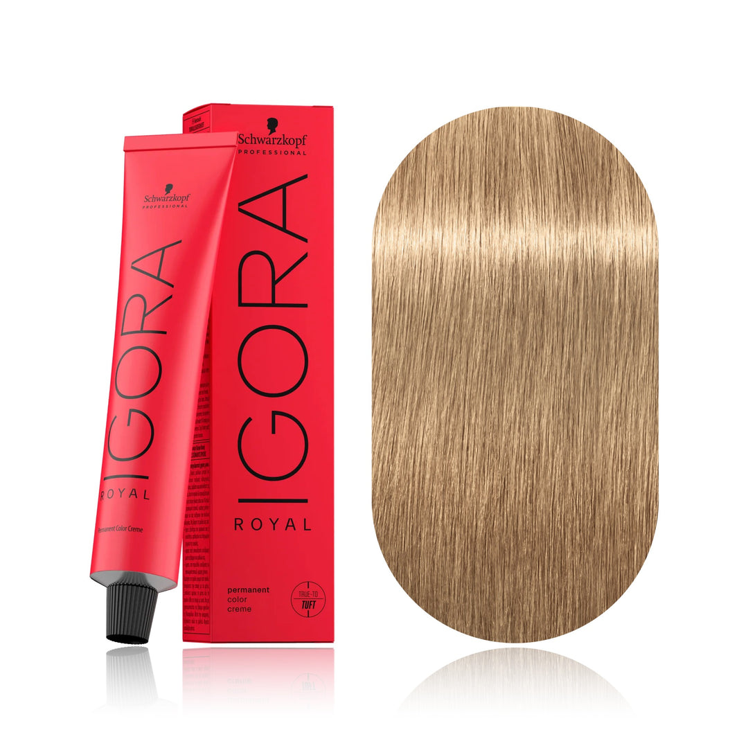 Schwarzkopf IGORA Royal 9-4 Extra Light Blonde Beige permanent hair color tube, box and hair swatch