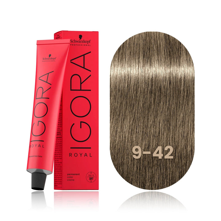 Schwarzkopf IGORA Royal 9-42 Extra Light Blonde Beige Ash permanent hair color tube, box and hair swatch
