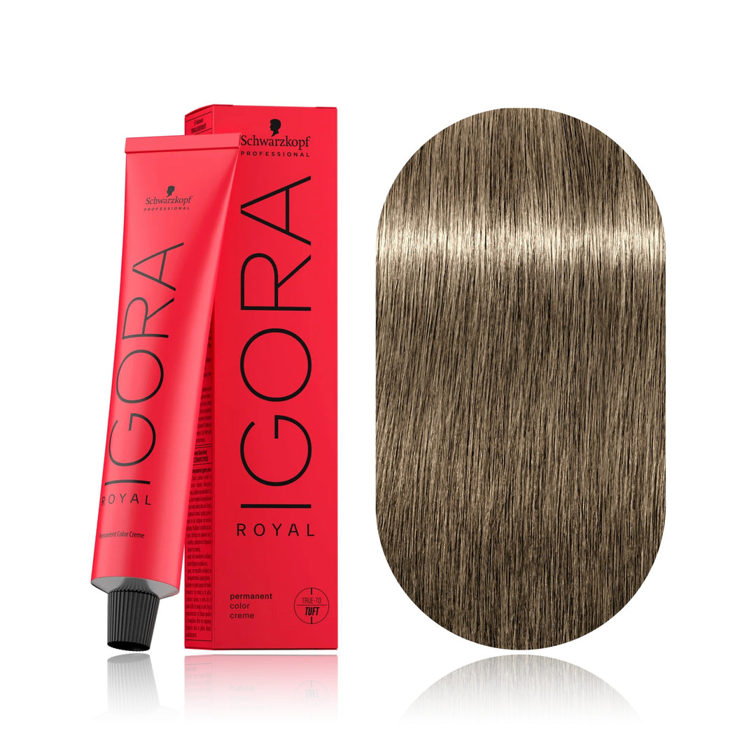 Schwarzkopf IGORA Royal 9-42 Extra Light Blonde Beige Ash permanent hair color tube, box and hair swatch