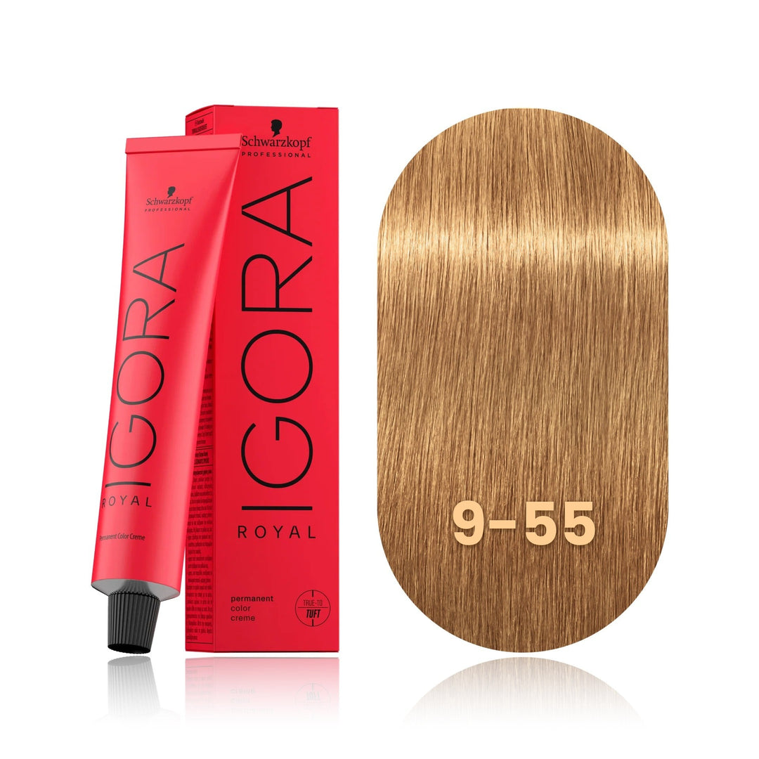 Schwarzkopf IGORA Royal 9-55 Extra Light Blonde Gold Extra permanent hair color tube, box and hair swatch