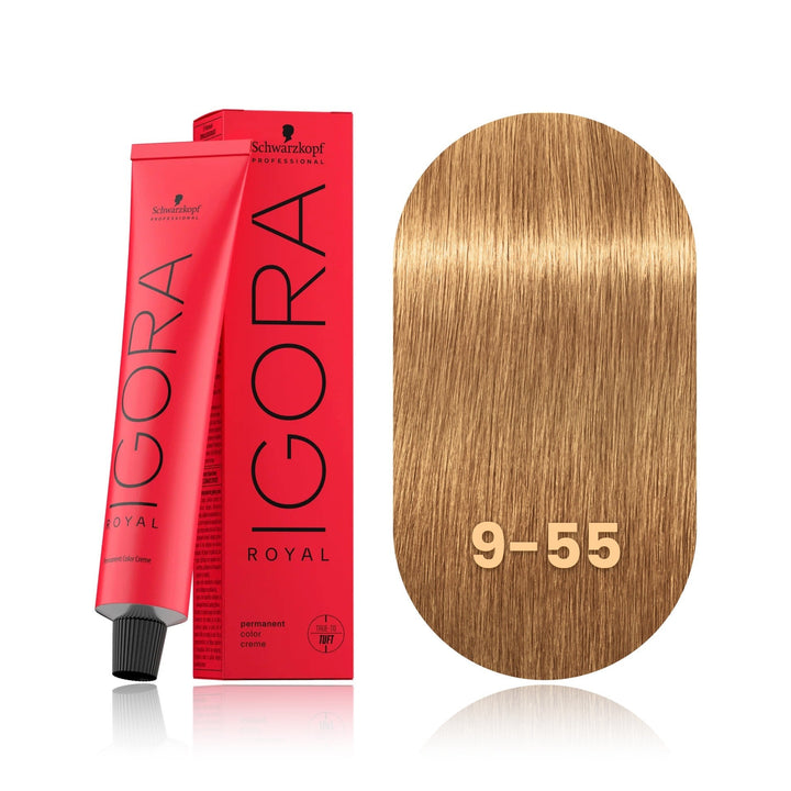 Schwarzkopf IGORA Royal 9-55 Extra Light Blonde Gold Extra permanent hair color tube, box and hair swatch