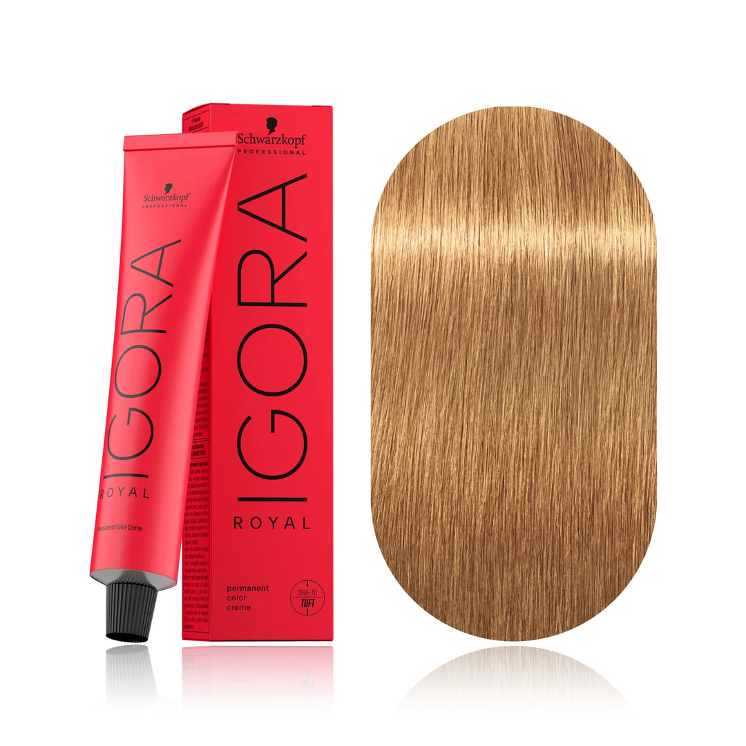 Schwarzkopf IGORA Royal 9-55 Extra Light Blonde Gold Extra permanent hair color tube, box and hair swatch
