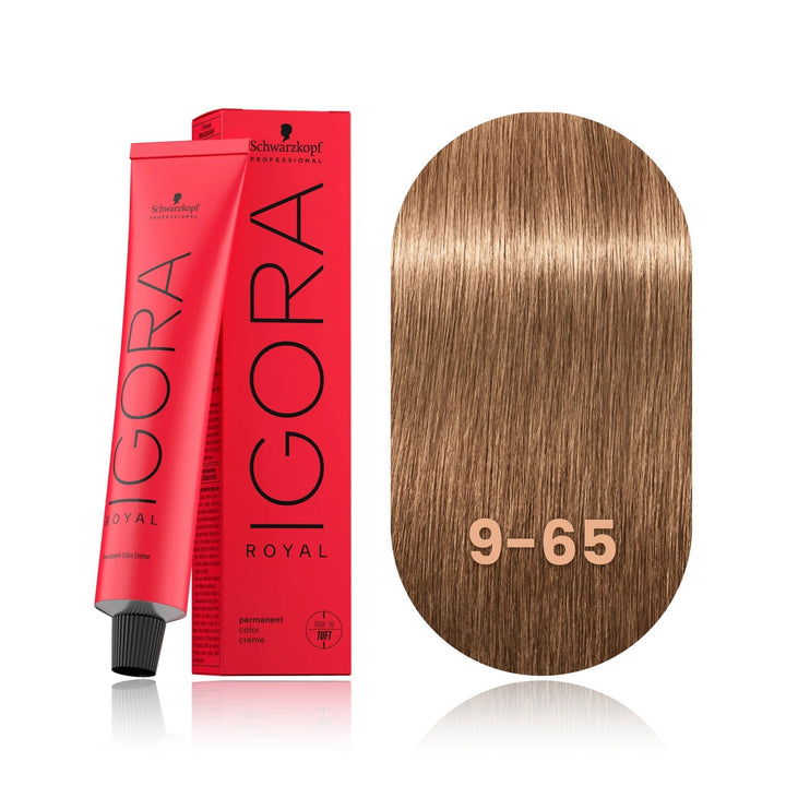 Schwarzkopf IGORA Royal 9-65 Extra Light Blonde Chocolate Gold permanent hair color tube, box and hair swatch