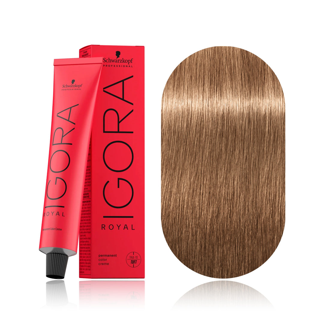 Schwarzkopf IGORA Royal 9-65 Extra Light Blonde Chocolate Gold permanent hair color tube, box and hair swatch