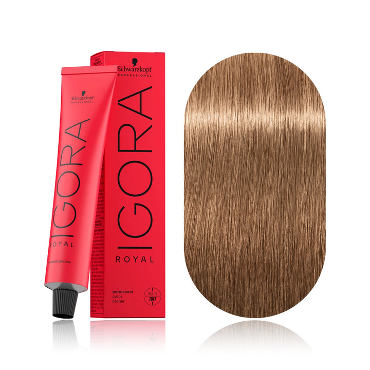 Schwarzkopf IGORA Royal 9-65 Extra Light Blonde Chocolate Gold permanent hair color tube, box and hair swatch
