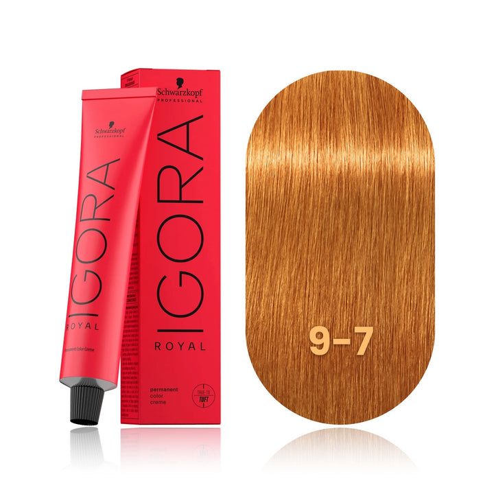 Schwarzkopf IGORA Royal 9-7 Extra Light Blonde Copper permanent hair color tube, box and hair swatch
