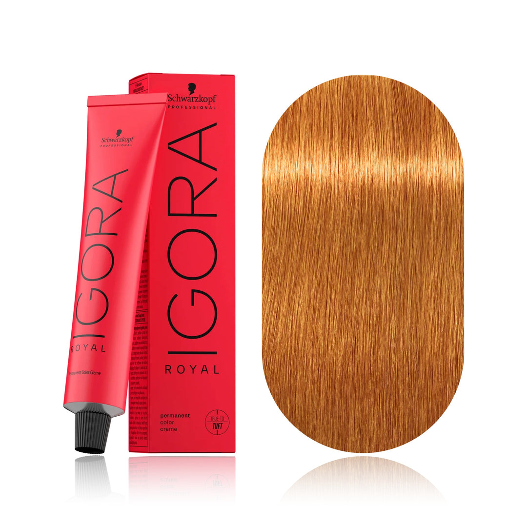 Schwarzkopf IGORA Royal 9-7 Extra Light Blonde Copper permanent hair color tube, box and hair swatch