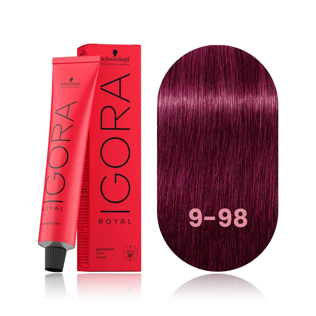 Schwarzkopf IGORA Royal 9-98 Extra Light Blonde Violet Red permanent hair color tube, box and hair swatch