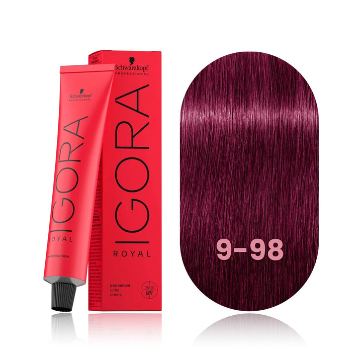 Schwarzkopf IGORA Royal 9-98 Extra Light Blonde Violet Red permanent hair color tube, box and hair swatch