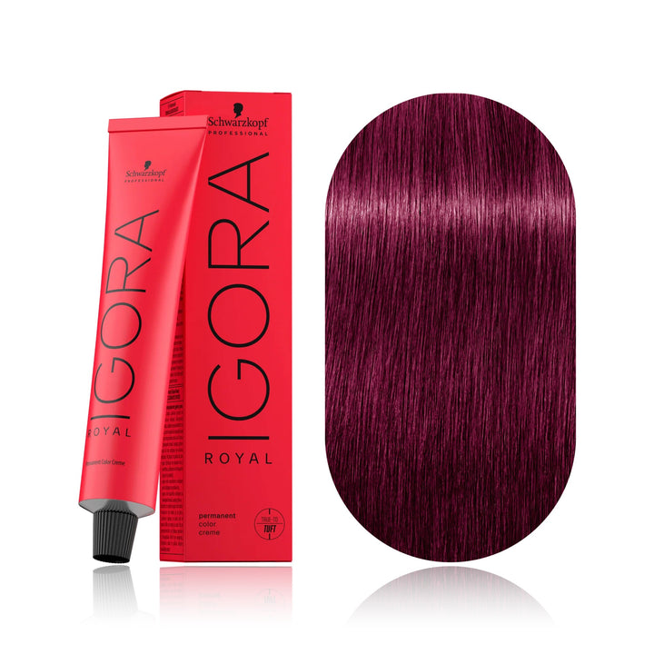 Schwarzkopf IGORA Royal 9-98 Extra Light Blonde Violet Red permanent hair color tube, box and hair swatch