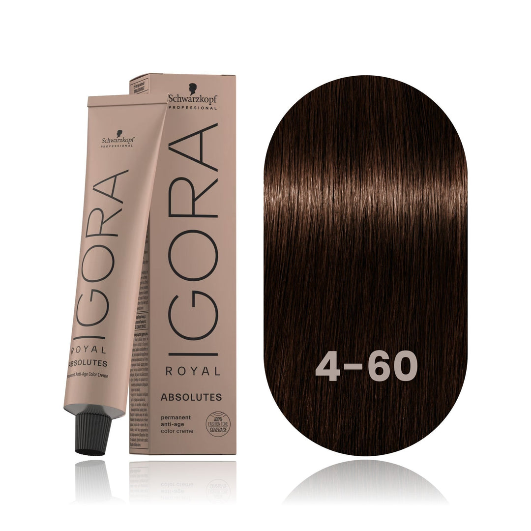 Schwarzkopf IGORA Royal Absolutes 4-60 Medium Brown Chocolate Natural permanent hair color tube, box and hair swatch