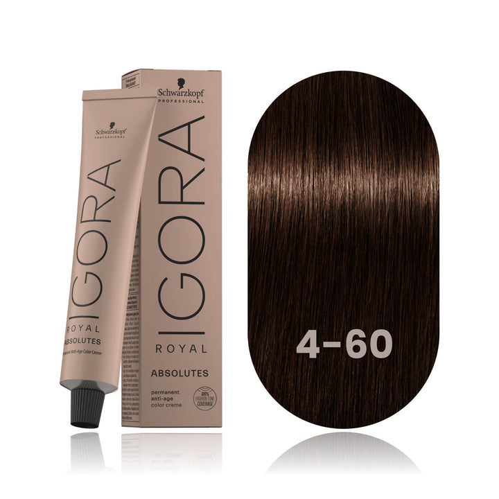 Schwarzkopf IGORA Royal Absolutes 4-60 Medium Brown Chocolate Natural permanent hair color tube, box and hair swatch