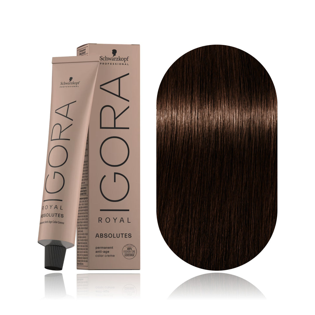 Schwarzkopf IGORA Royal Absolutes 4-60 Medium Brown Chocolate Natural permanent hair color tube, box and hair swatch
