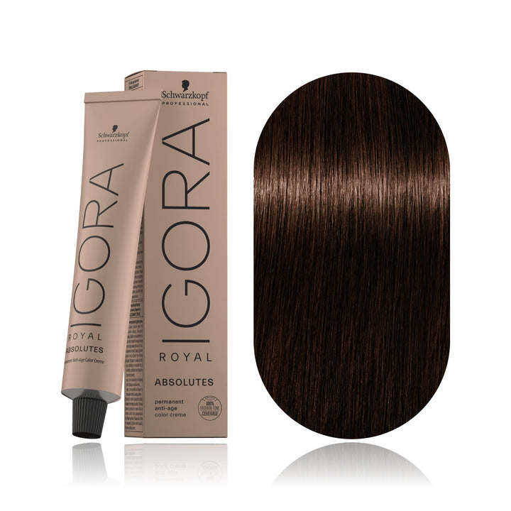 Schwarzkopf IGORA Royal Absolutes 4-60 Medium Brown Chocolate Natural permanent hair color tube, box and hair swatch