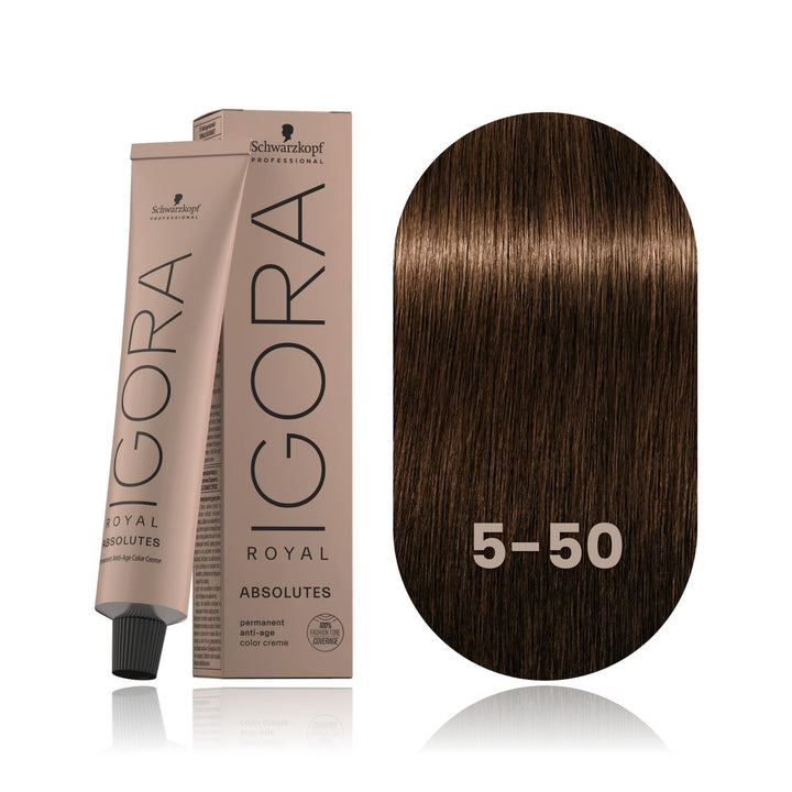 Schwarzkopf IGORA Royal Absolutes 5-50 Light Brown Gold Natural permanent hair color tube, box and hair swatch