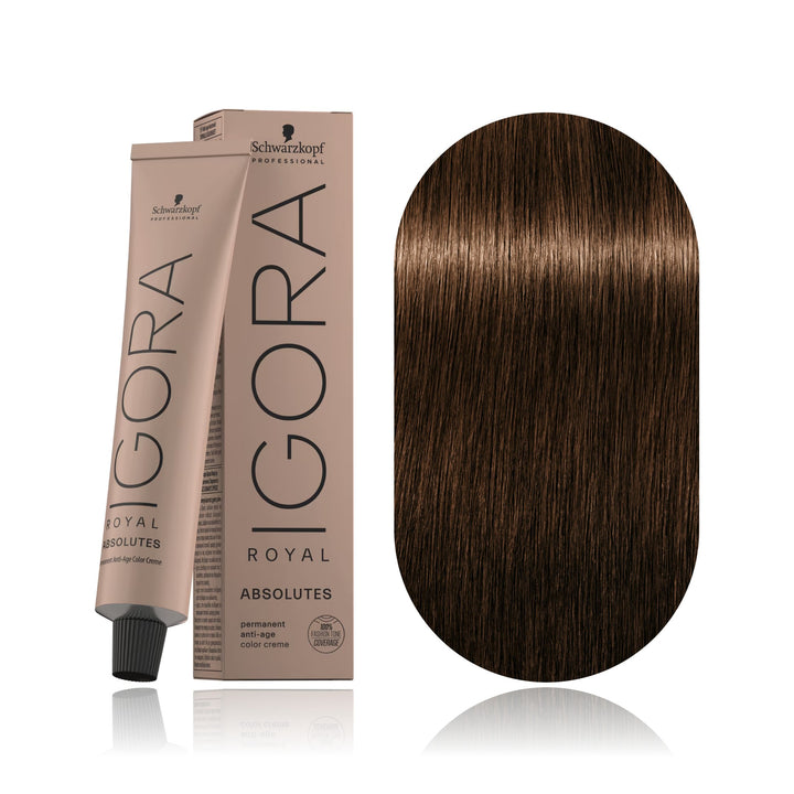 Schwarzkopf IGORA Royal Absolutes 5-50 Light Brown Gold Natural permanent hair color tube, box and hair swatch