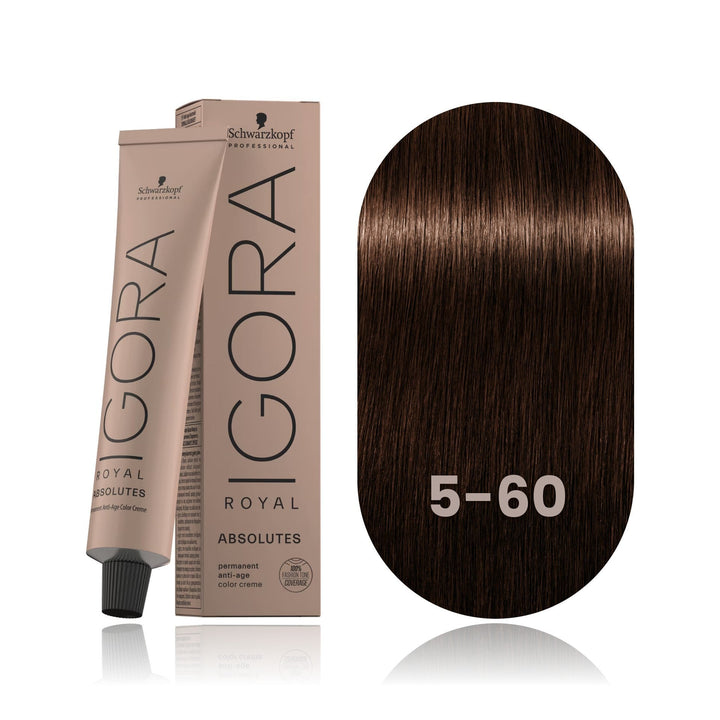 Schwarzkopf IGORA Royal Absolutes 5-60 Light Brown Chocolate Natural permanent hair color tube, box and hair swatch