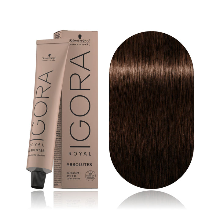 Schwarzkopf IGORA Royal Absolutes 5-60 Light Brown Chocolate Natural permanent hair color tube, box and hair swatch