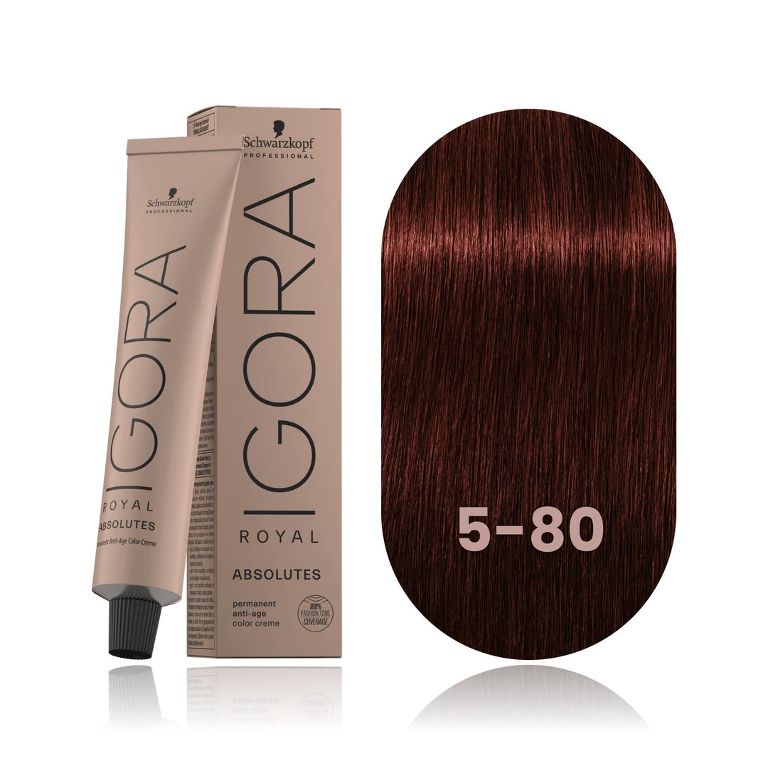 Schwarzkopf IGORA Royal Absolutes 5-80 Light Brown Red Natural permanent hair color tube, box and hair swatch