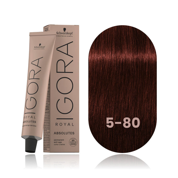 Schwarzkopf IGORA Royal Absolutes 5-80 Light Brown Red Natural permanent hair color tube, box and hair swatch