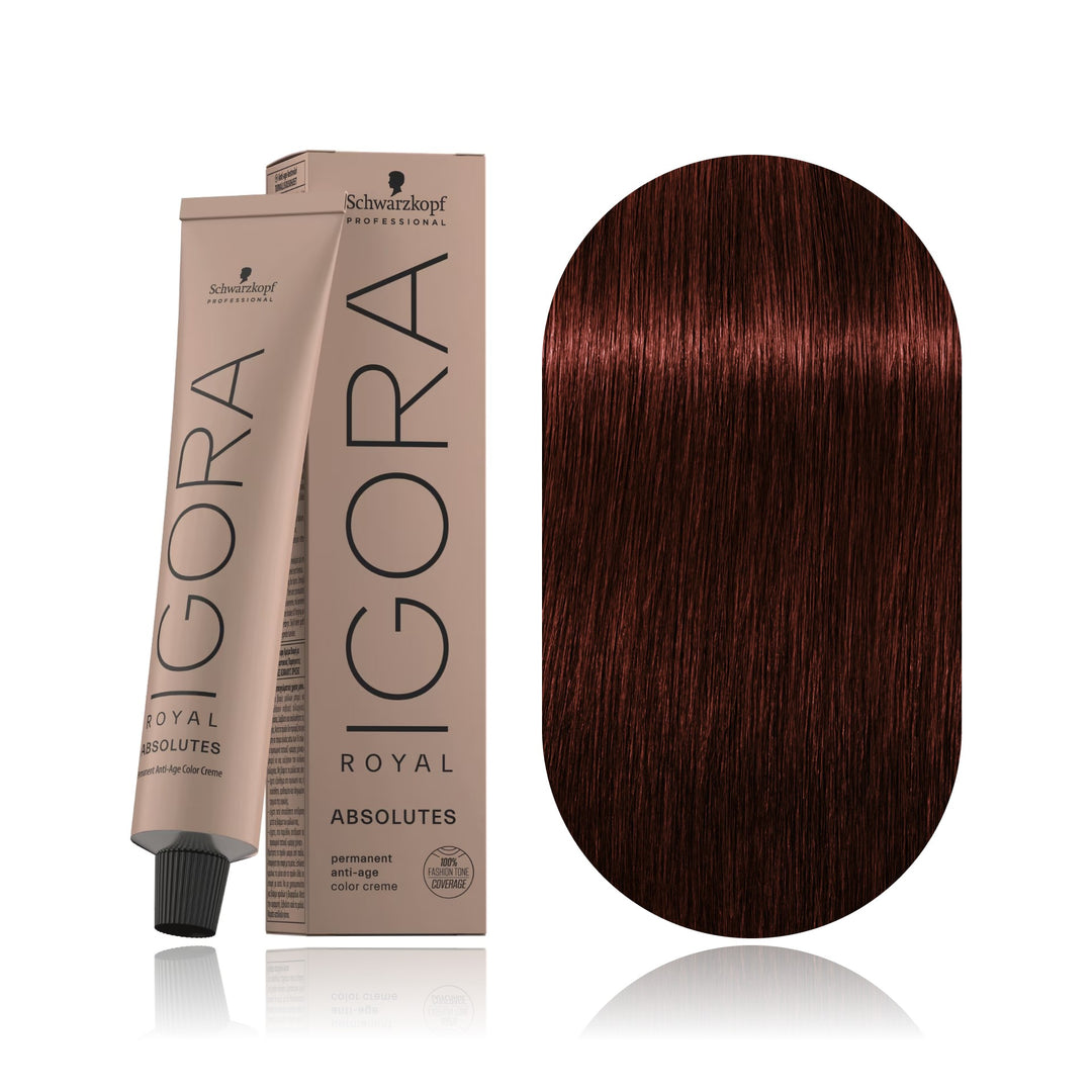 Schwarzkopf IGORA Royal Absolutes 5-80 Light Brown Red Natural permanent hair color tube, box and hair swatch