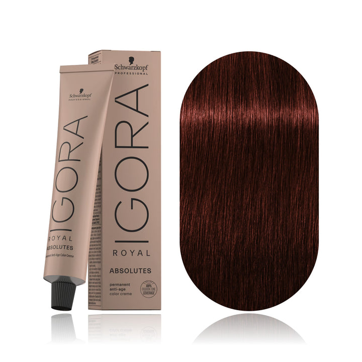 Schwarzkopf IGORA Royal Absolutes 5-80 Light Brown Red Natural permanent hair color tube, box and hair swatch