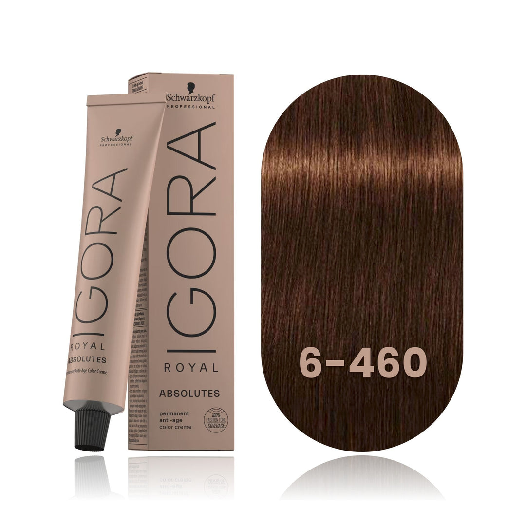 Schwarzkopf IGORA Royal Absolutes 6-460 Dark Blonde Beige Chocolate Natural permanent hair color tube, box and hair swatch