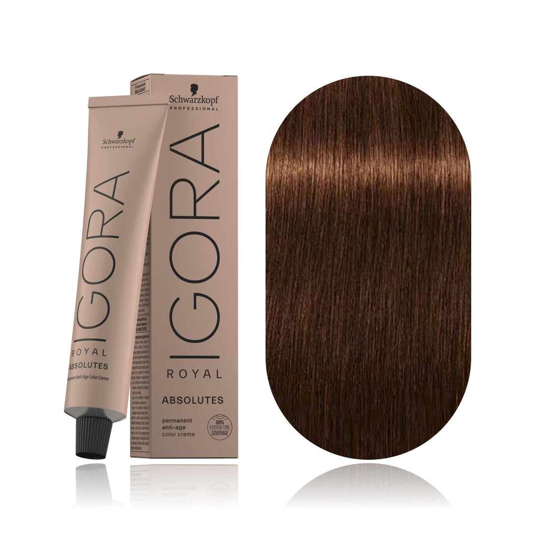 Schwarzkopf IGORA Royal Absolutes 6-460 Dark Blonde Beige Chocolate Natural permanent hair color tube, box and hair swatch