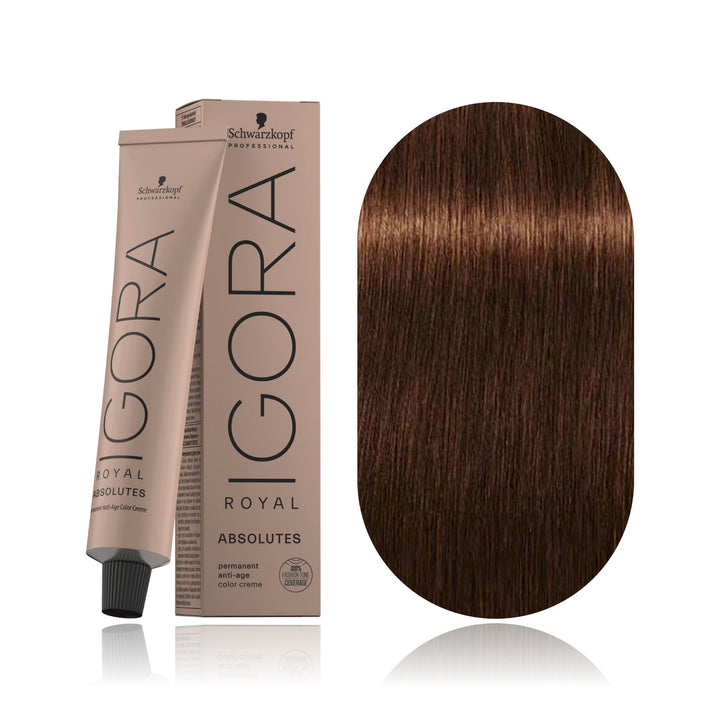 Schwarzkopf IGORA Royal Absolutes 6-460 Dark Blonde Beige Chocolate Natural permanent hair color tube, box and hair swatch