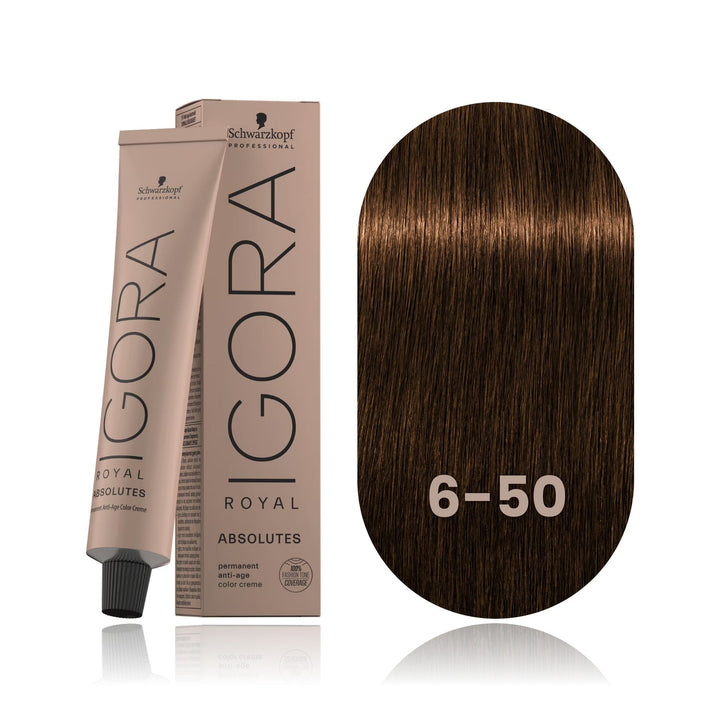 Schwarzkopf IGORA Royal Absolutes 6-50 Dark Blonde Gold Natural permanent hair color tube, box and hair swatch