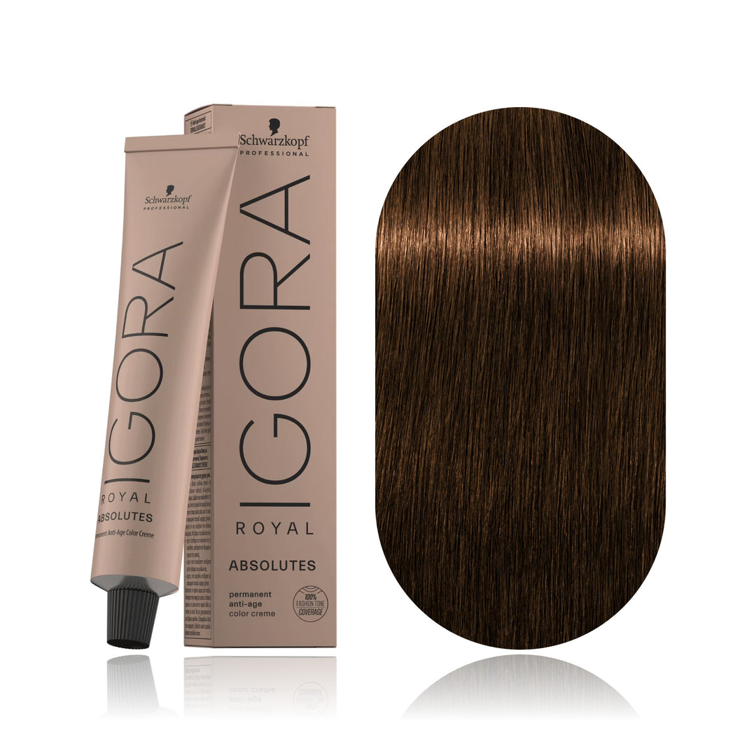 Schwarzkopf IGORA Royal Absolutes 6-50 Dark Blonde Gold Natural permanent hair color tube, box and hair swatch