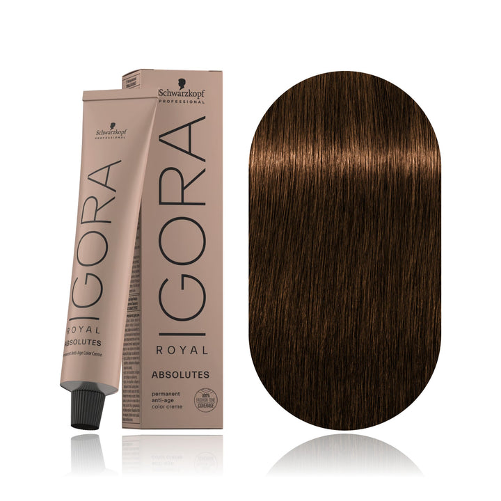 Schwarzkopf IGORA Royal Absolutes 6-50 Dark Blonde Gold Natural permanent hair color tube, box and hair swatch