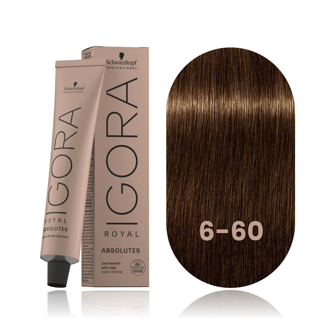 Schwarzkopf IGORA Royal Absolutes 6-60 Dark Blonde Chocolate Natural permanent hair color tube, box and hair swatch