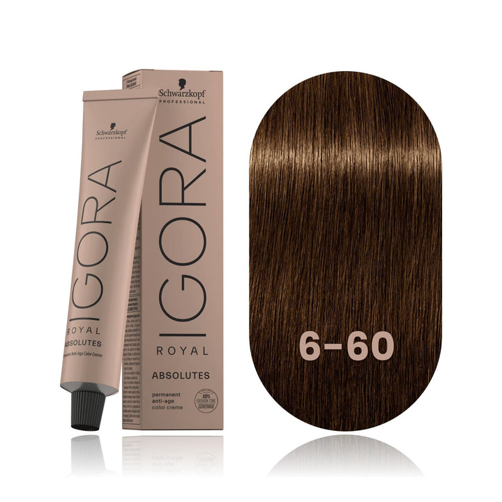 Schwarzkopf IGORA Royal Absolutes 6-60 Dark Blonde Chocolate Natural permanent hair color tube, box and hair swatch